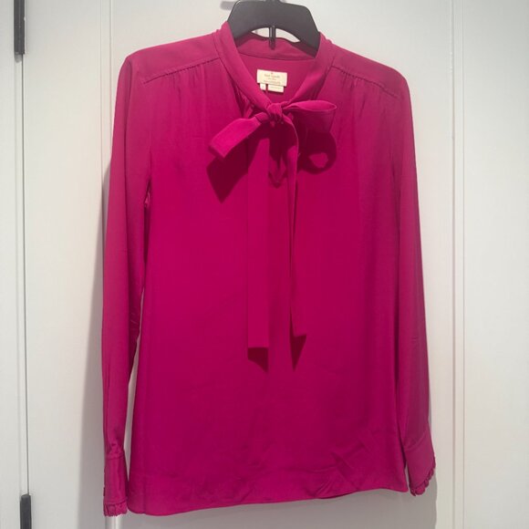 Kate Spade tie-neck blouse in hot pink. Long sleeves, button cuffs, great con - Picture 7 of 7